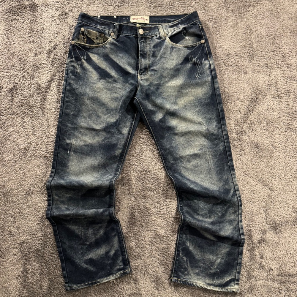 Brooklyn Xpress Mens 38x32 Distressed Acid Wash Straight Leg Denim Jeans Blue